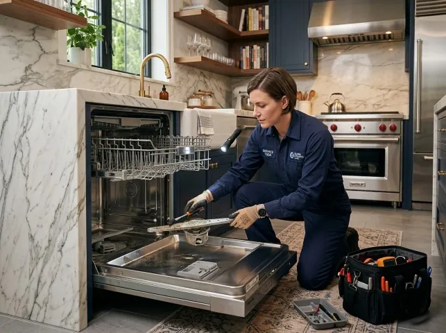 Appliance Repair Hero technician servicing a built-in dishwasher in a Atlanta, GA kitchen