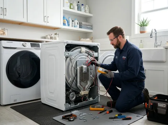 Appliance Repair Hero technician checking a dryer heating element with the rear panel off in Atlanta, GA