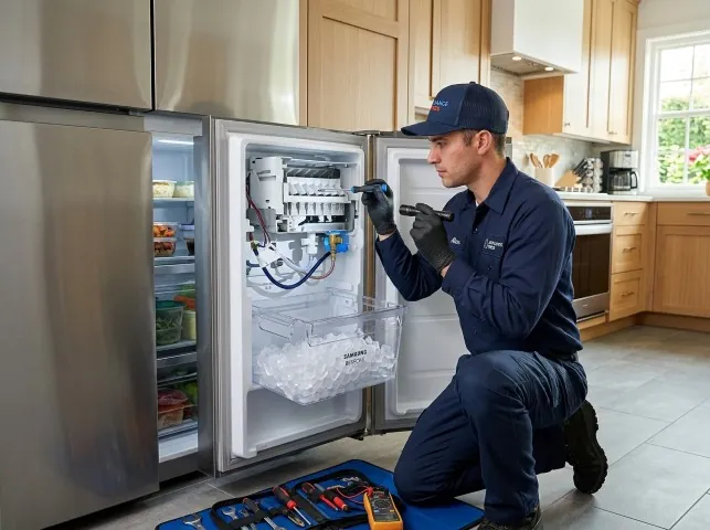 Appliance Repair Hero technician repairing a refrigerator ice maker in Atlanta, GA