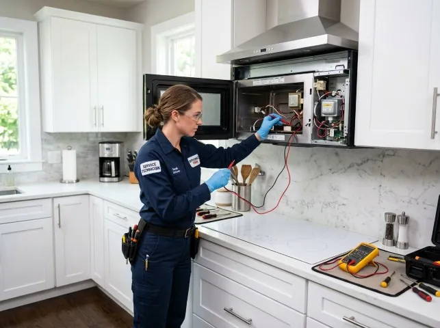 Appliance Repair Hero technician testing an over-the-range microwave in a Atlanta, GA kitchen