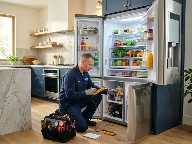 Appliance Repair Hero refrigerator technician testing a fridge on a Atlanta, GA service call