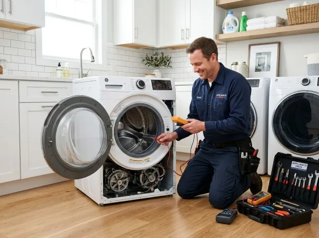 Appliance Repair Hero technician testing a front-load washer with a multimeter on a Atlanta, GA service call